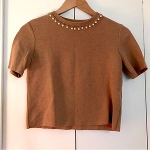 Zara Trafaluc Autumn-Winter 17-18, Beige Pearl Necklace Top, Size Small